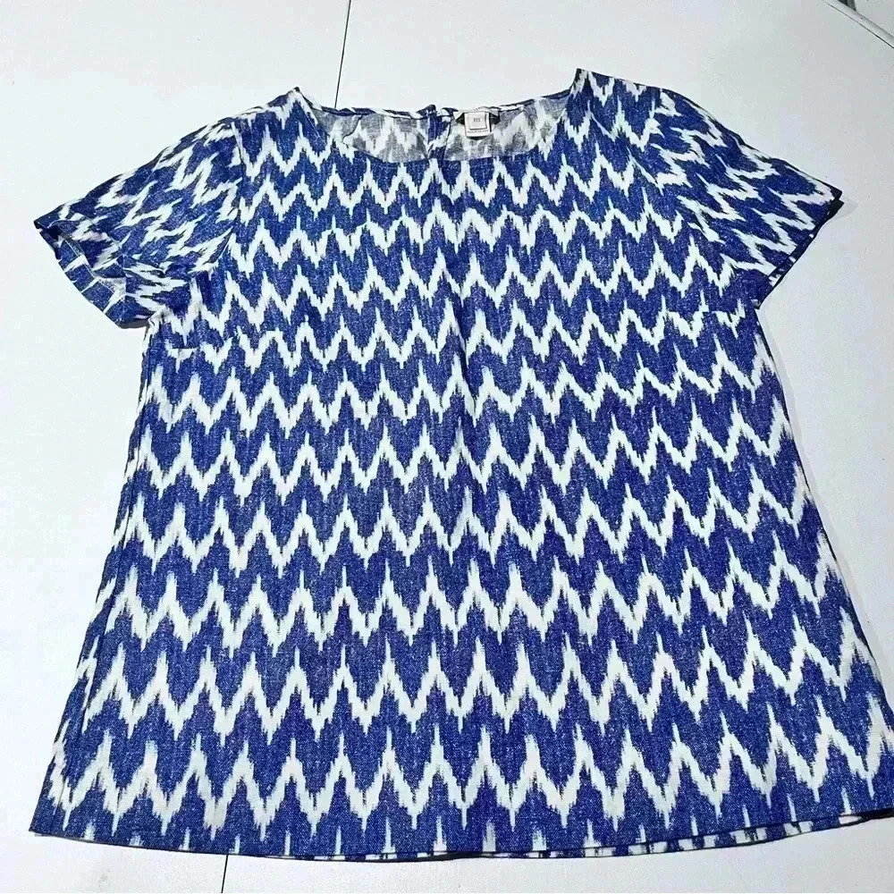 J Crew Printed Linen Cotton T-Shirt Chevron Women's XXS Short Sleeve Top